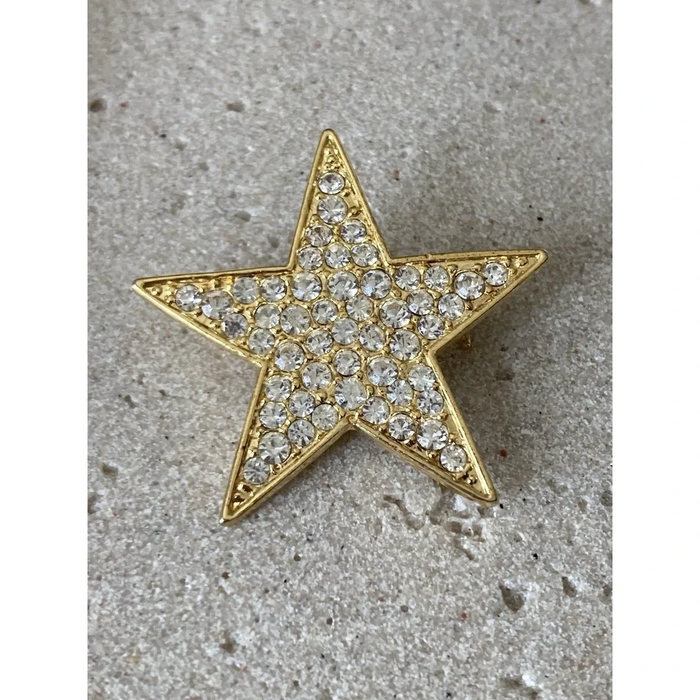 Gold Tone Clear Rhinestone Star Brooch Pin Pave Crystal‎ Celestial Statement